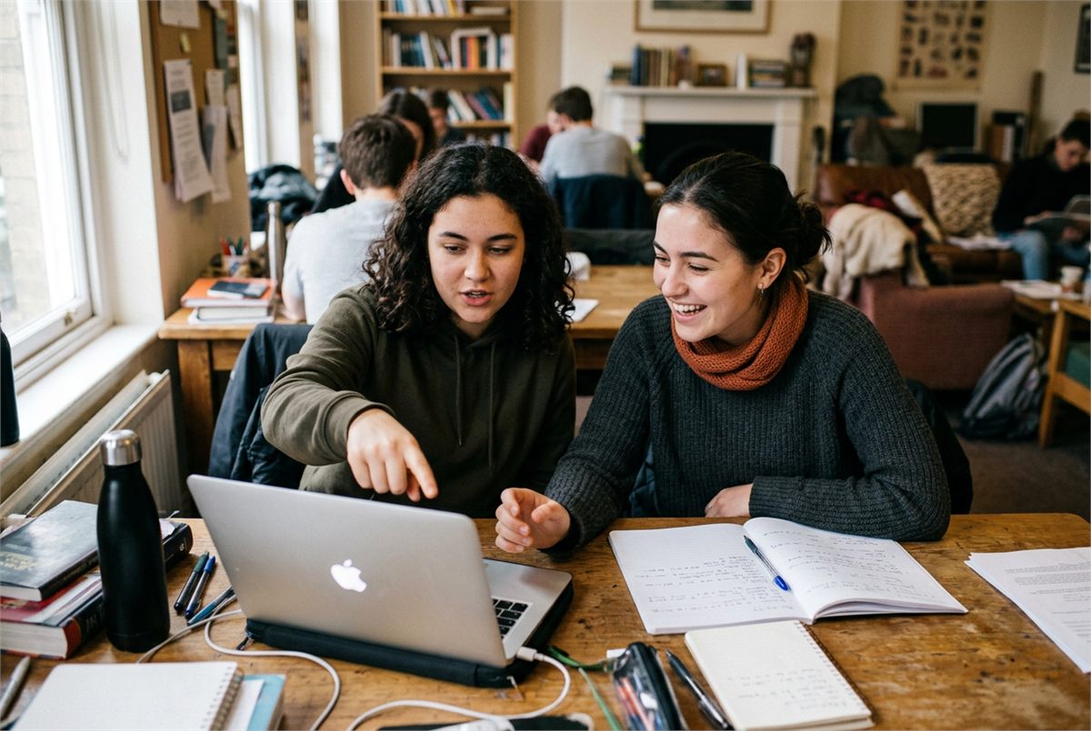 Two students discussing something on a laptop with open notebooks