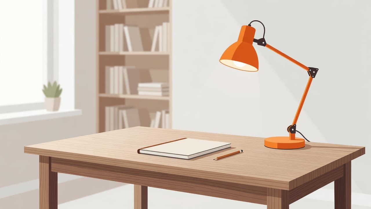 A clean desk with a notebook, pencil, and orange lamp in a bright room.