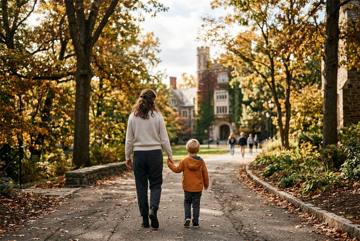 A mother and child walking together along a tree-lined university campus path