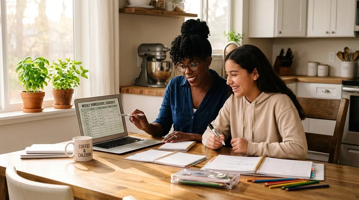 A homeschooling parent and student discussing a schedule on a laptop