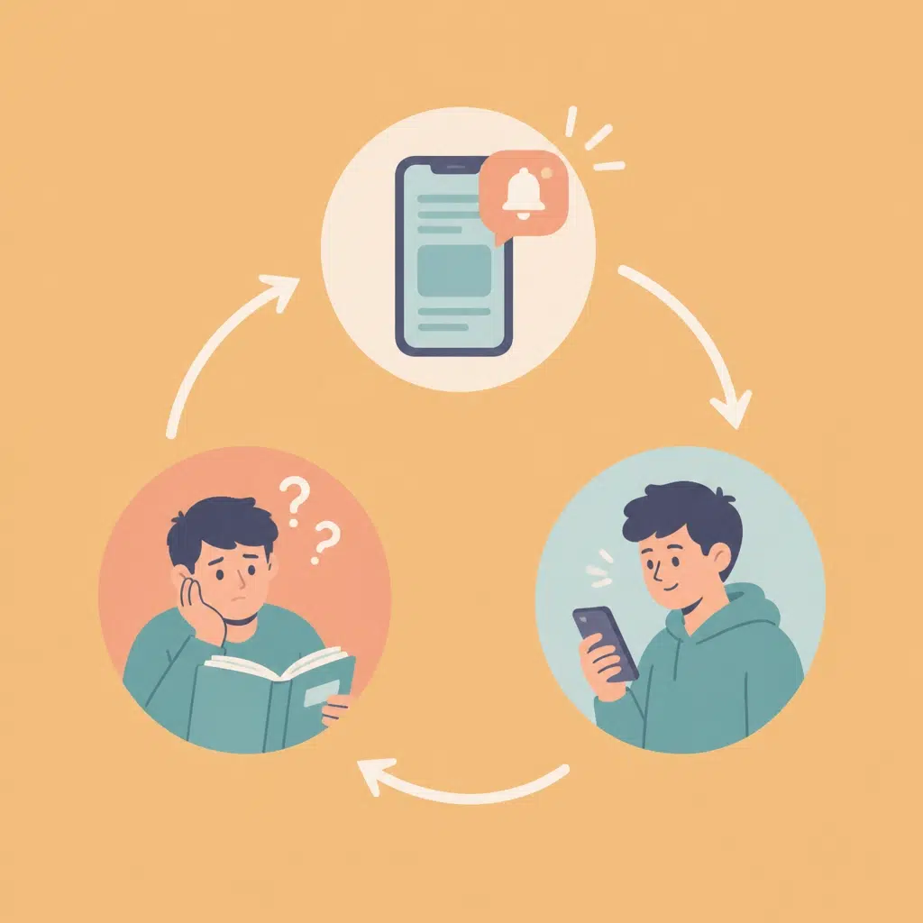 A minimalist vector illustration showing the repetitive cycle of phone checking and lost focus.