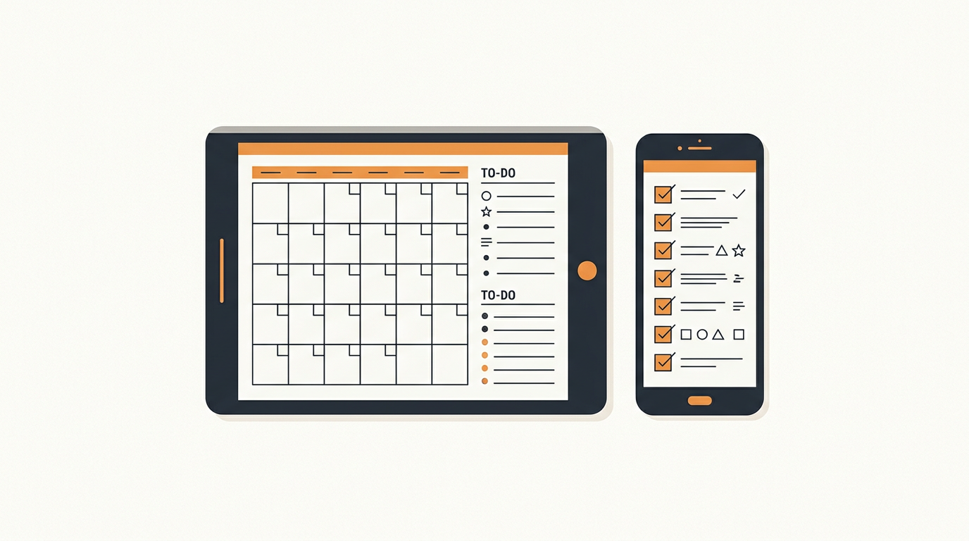 Illustration of a tablet showing a planner beside a phone showing a checklist
