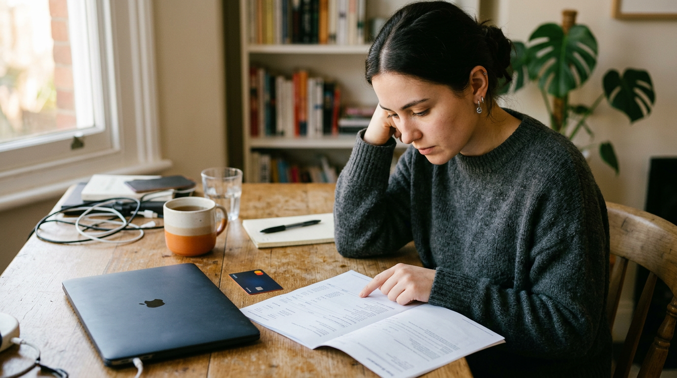 A student reviewing a bank statement beside a closed laptop and a card placed face down