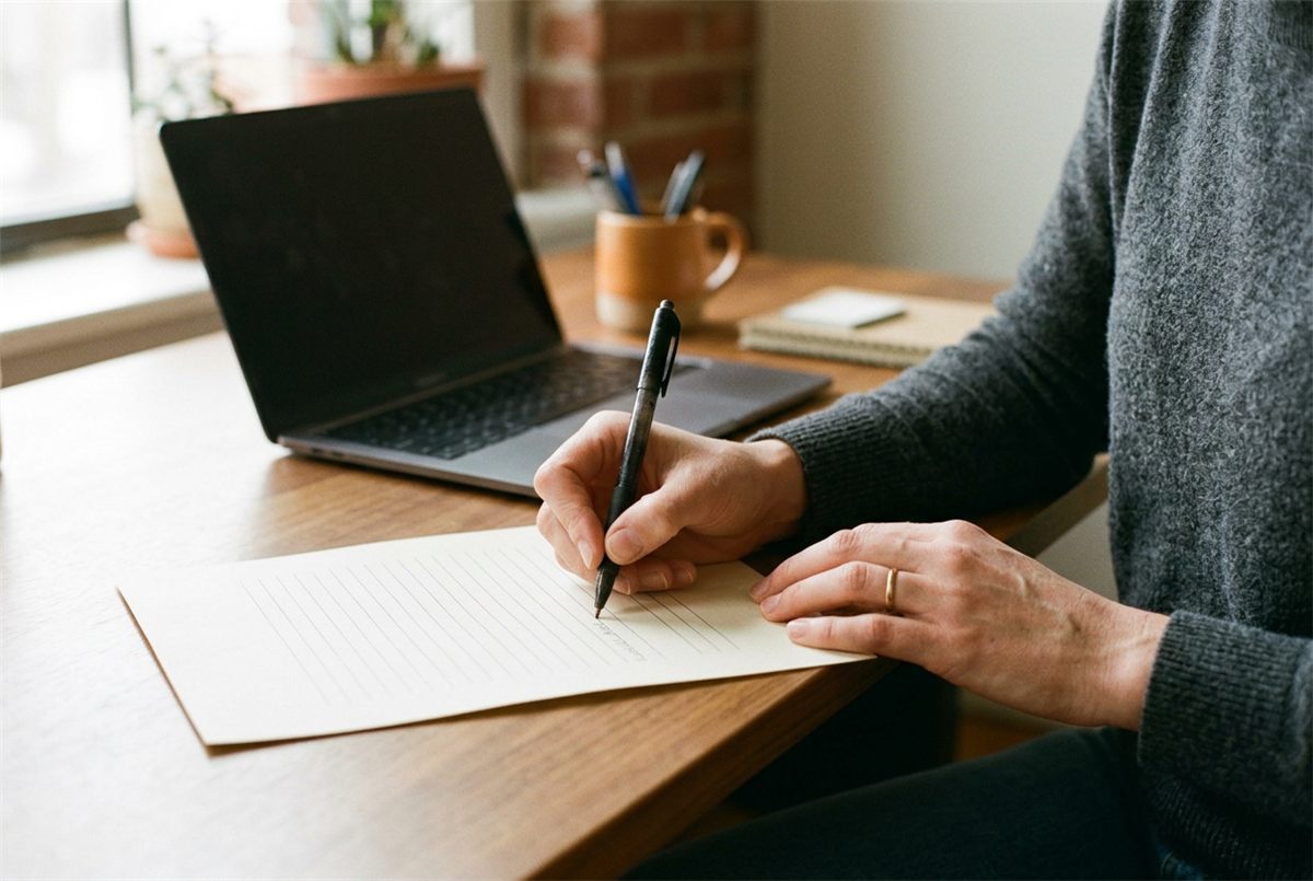 Hands carefully filling in a paper scholarship application form at a desk
