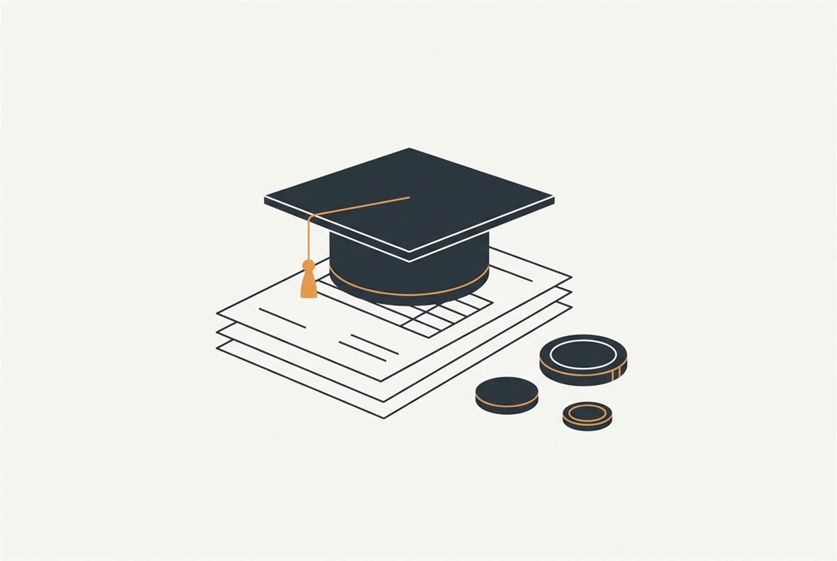 A flat illustration of a graduation cap on a stack of forms beside coins, representing scholarship funding