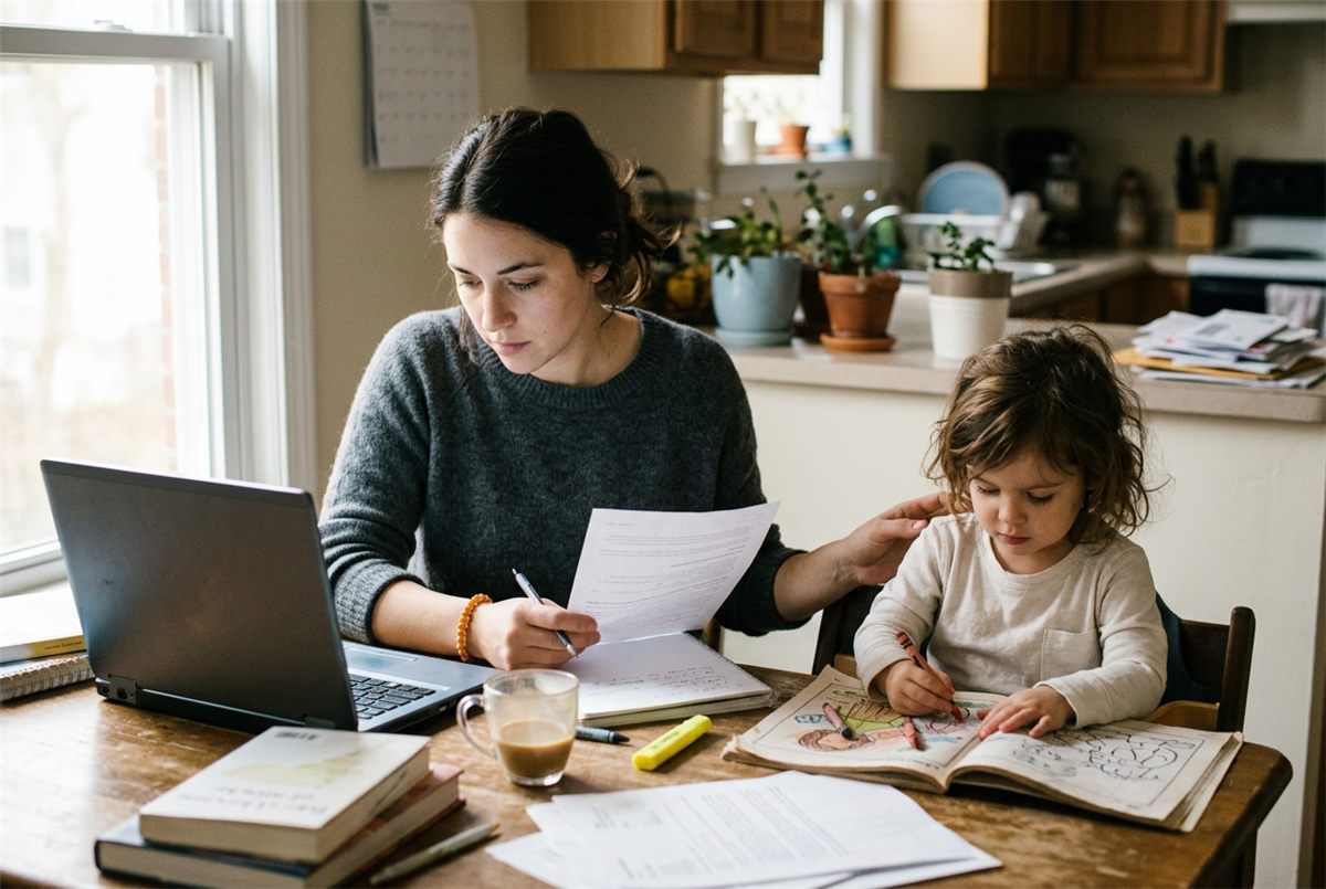 A single mother reviewing college paperwork at her kitchen table while her child colours beside her
