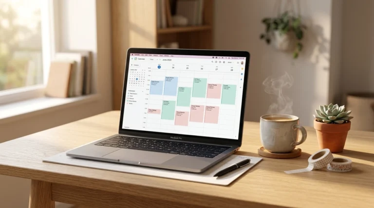 A laptop displaying a digital calendar sits on a wooden desk next to a steaming mug, a small plant, a pen, and decorative tape, with sunlight streaming through a window in the background.