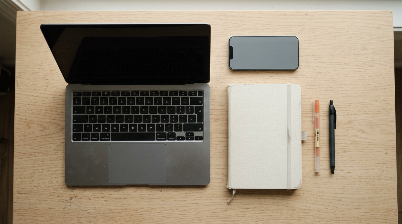 Flat lay of a tidy student desk with a laptop, notebook, pens and a phone