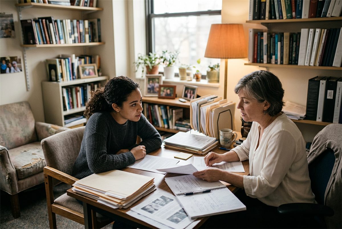 A college student meeting with an academic adviser in a campus office