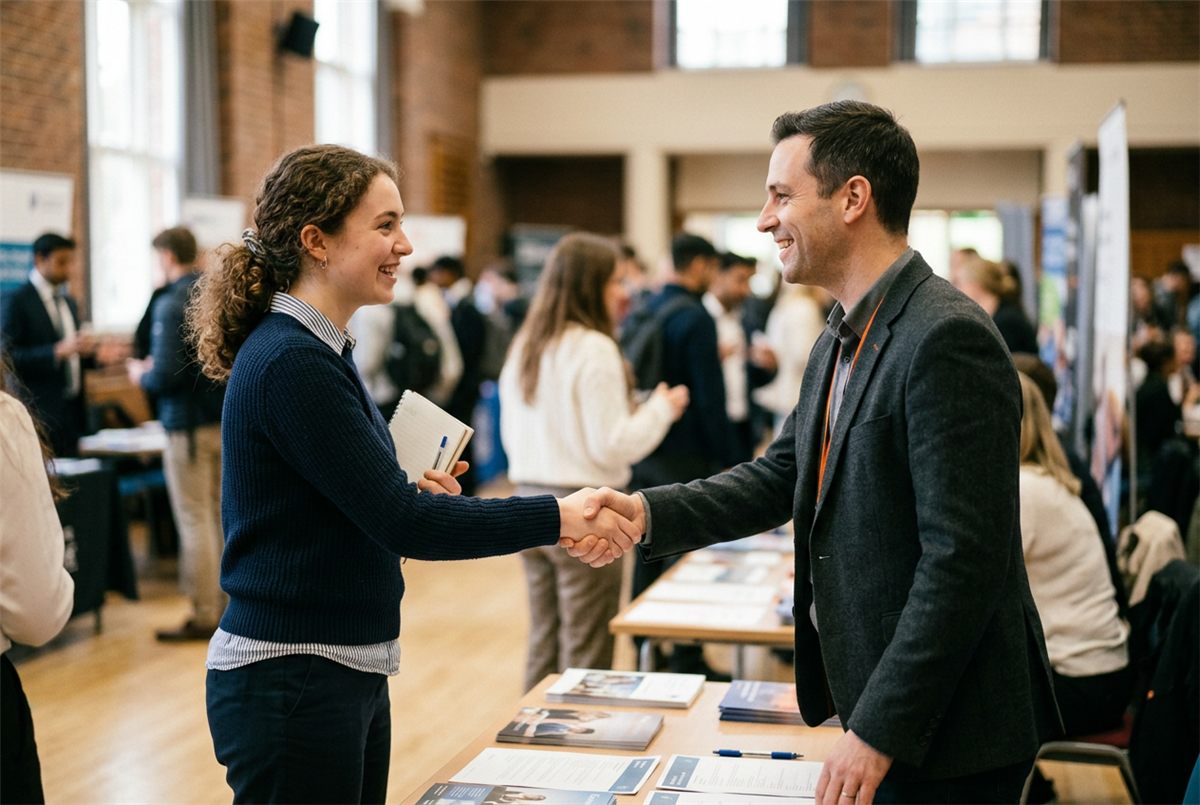 A student shaking hands with a recruiter at a campus career event