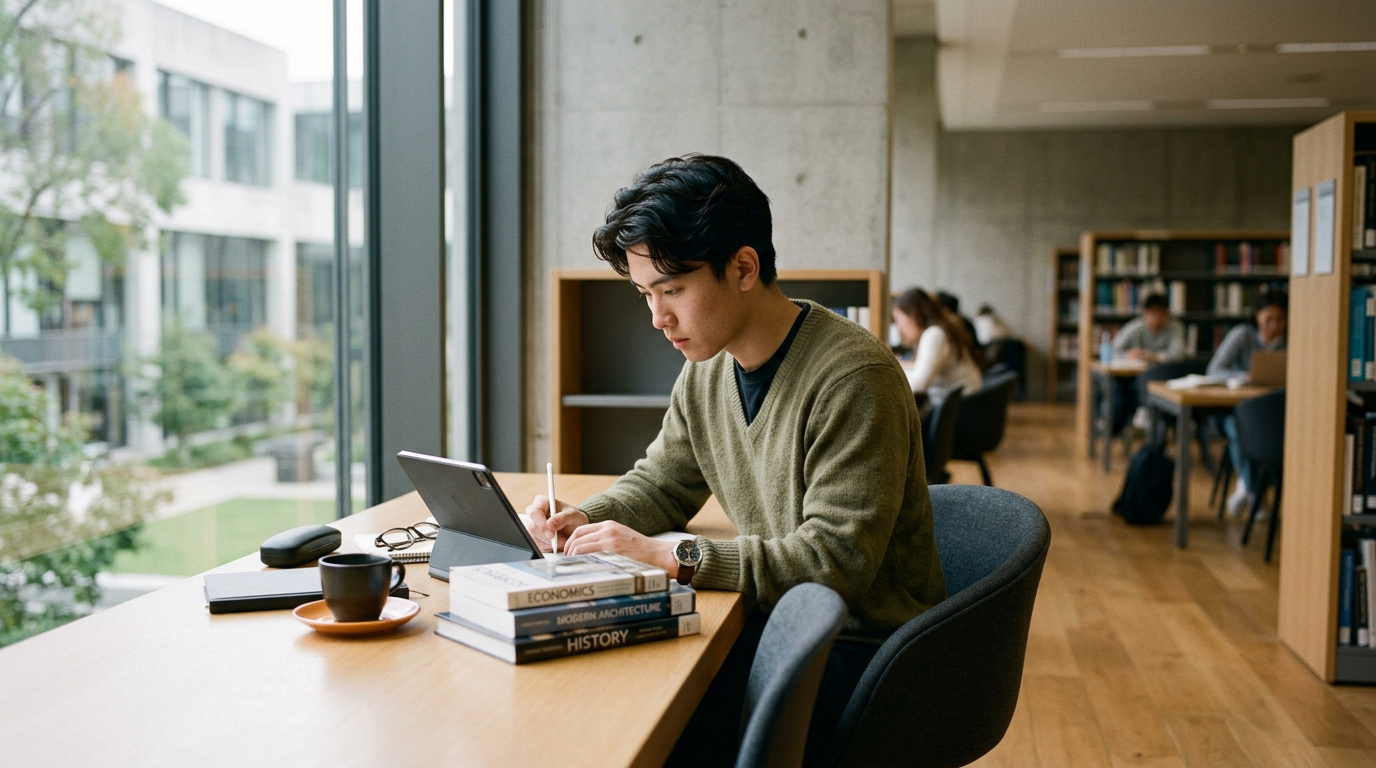 A student studying with a tablet and books in a bright modern library