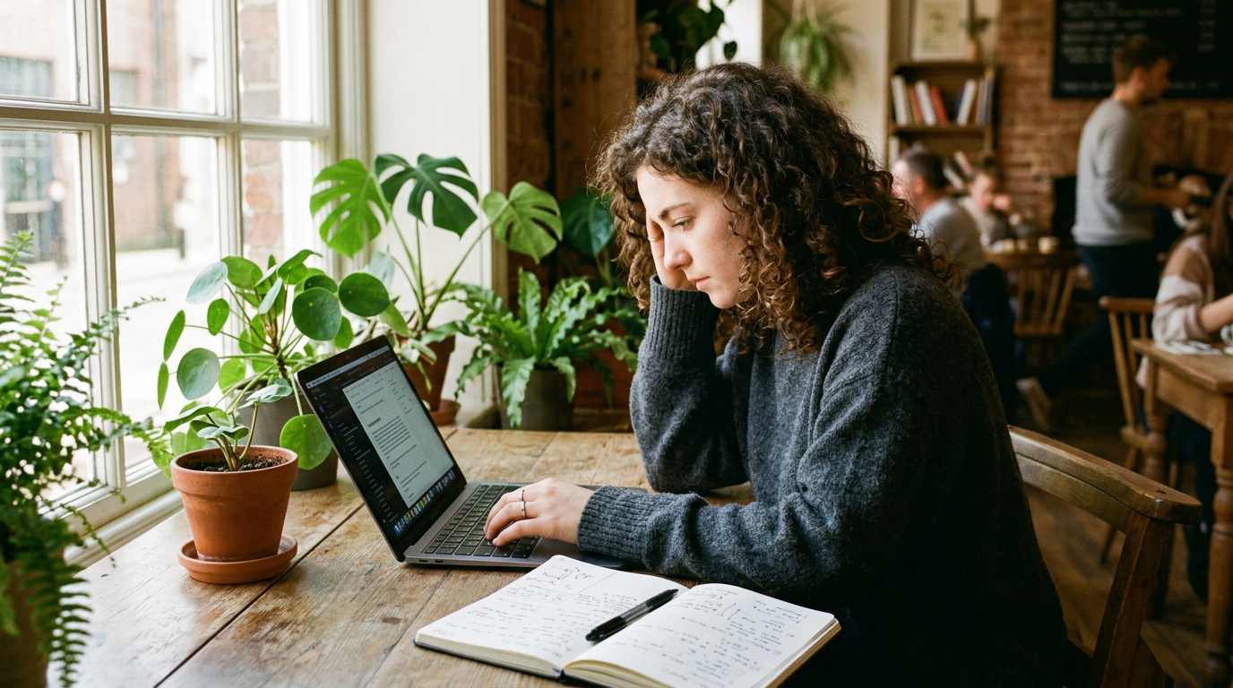 A university student working on a laptop at a sunlit cafe table with handwritten notes beside her