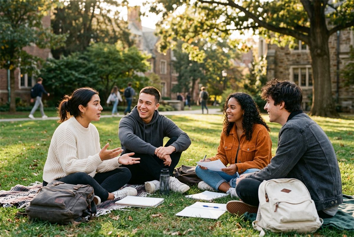 Students talking on campus lawn