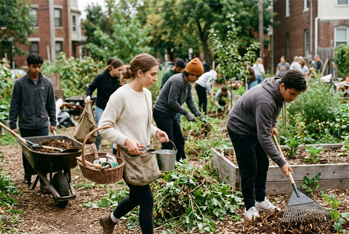 College students volunteering together on a community project outdoors