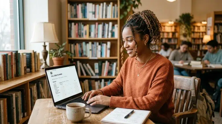 A woman sits at a wooden table in a library, smiling while using a laptop. She has curly hair, wears an orange sweater, and a notebook and coffee cup are on the table. Bookshelves and other people are in the background.