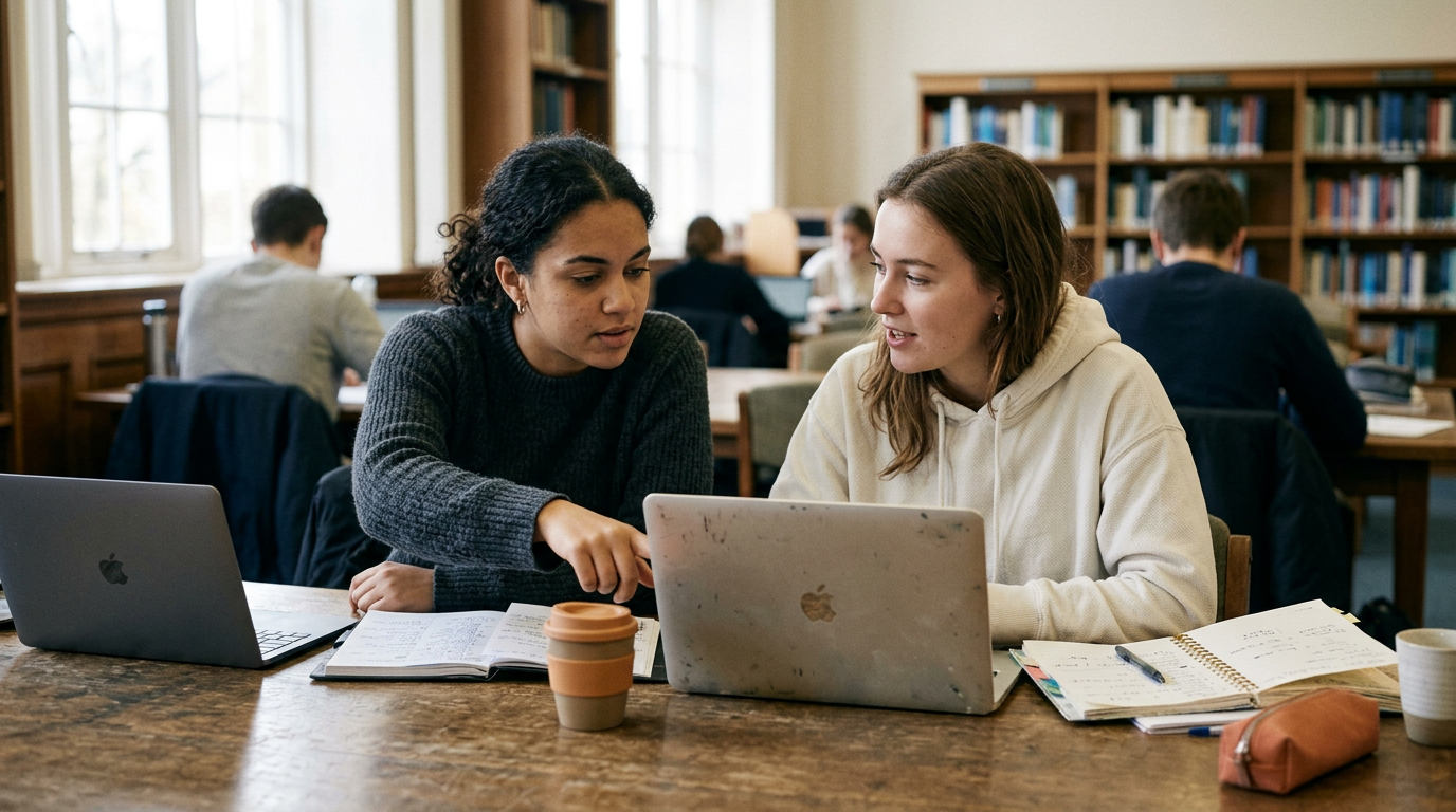 Two students working side by side at a library desk with laptops and planners