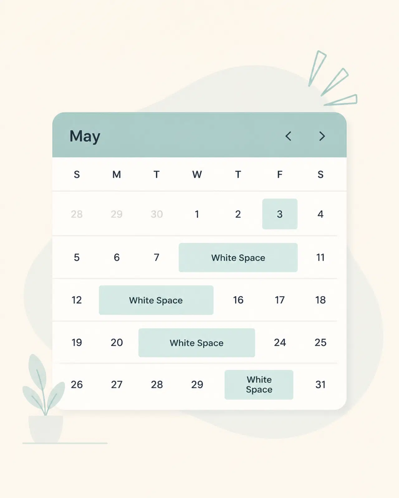 A clean, minimal vector illustration of a calendar with white space blocks highlighted in teal