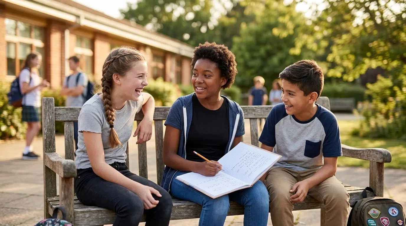 Middle schoolers laughing and talking on a bench