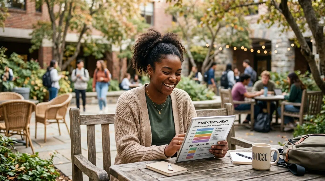 College student looking relaxed and happy with a tablet in an outdoor campus courtyard