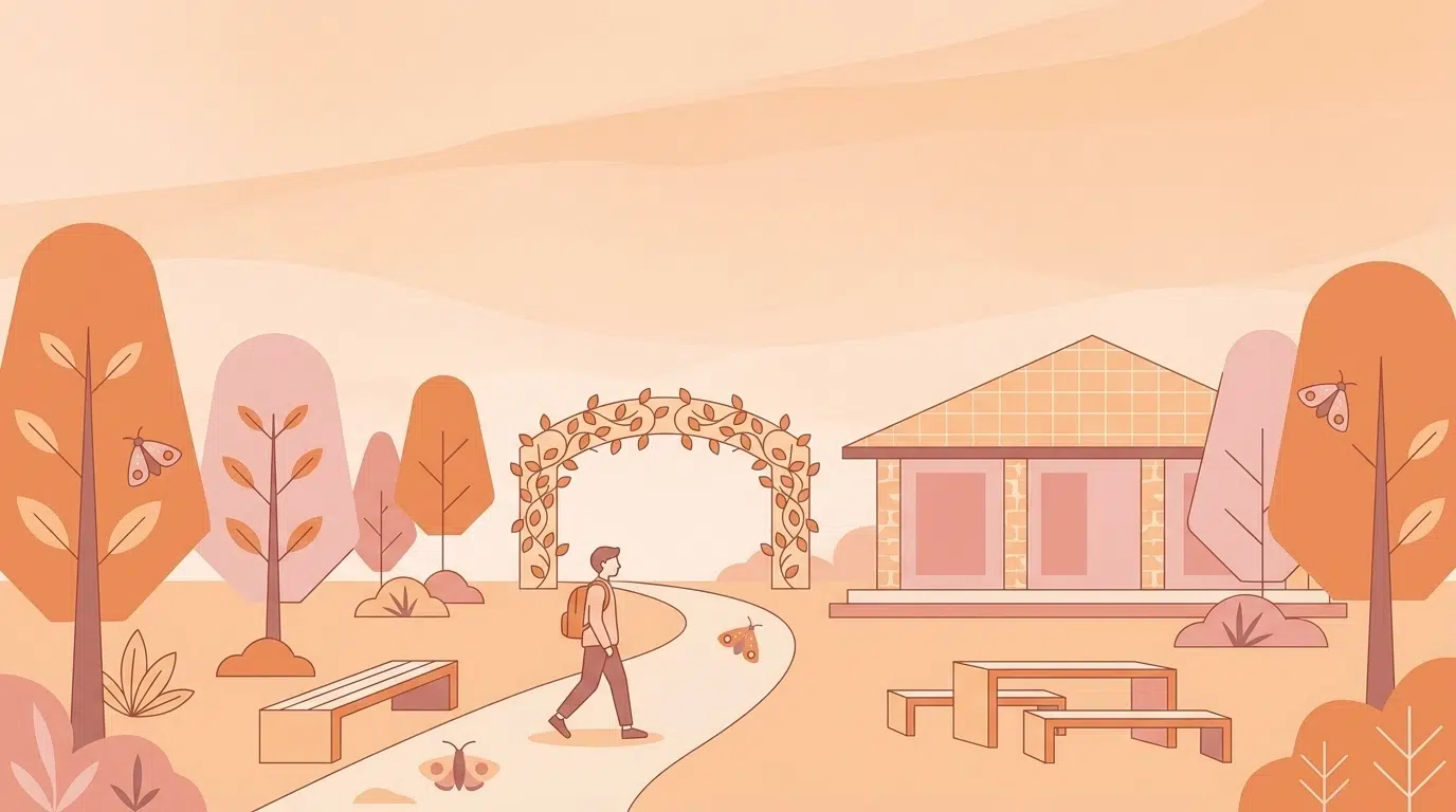 A minimal illustration of a student taking a walk in a peaceful park.