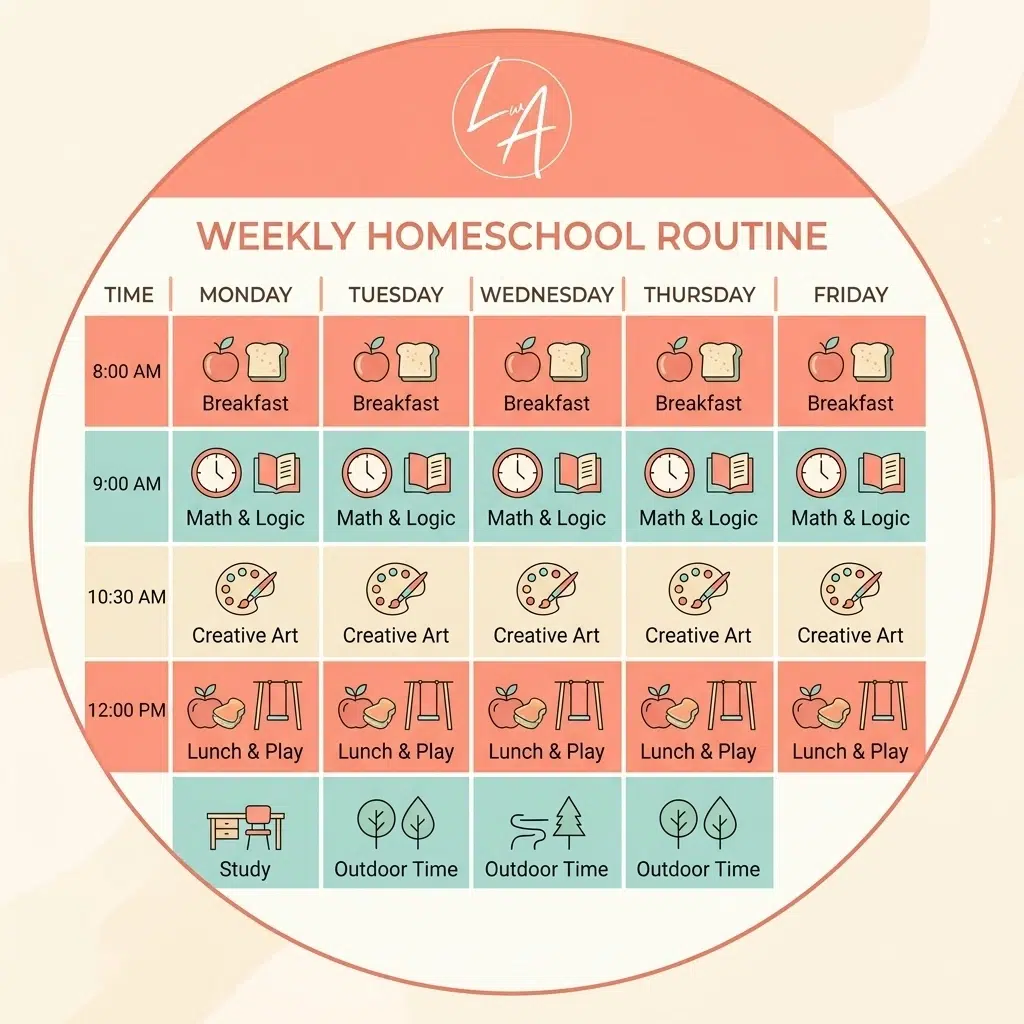 A clean minimal vector illustration of a weekly routine schedule with pastel colors and simplified shapes
