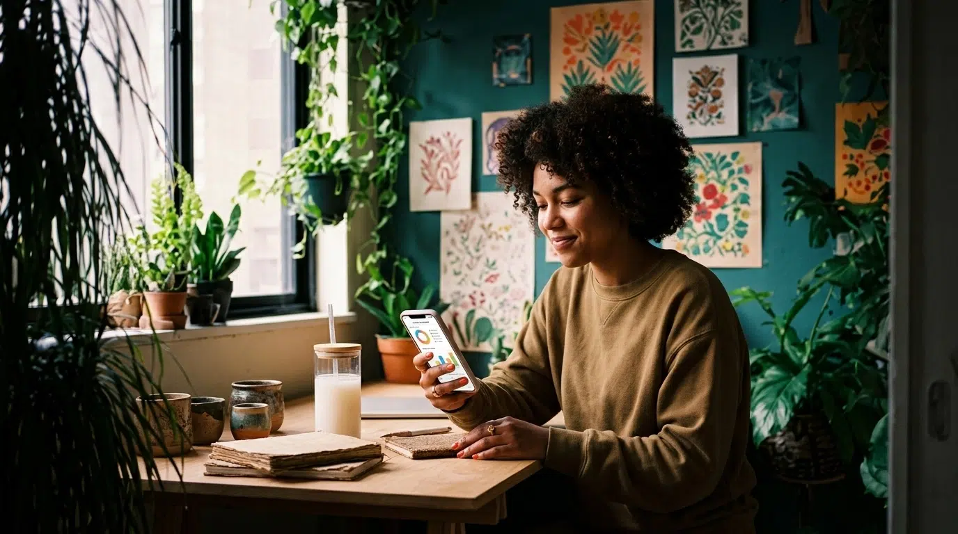 A person sits at a desk in a plant-filled room, smiling at a smartphone. Artworks with floral designs decorate the wall, and a glass of milk with a straw is on the desk beside notebooks and jars.