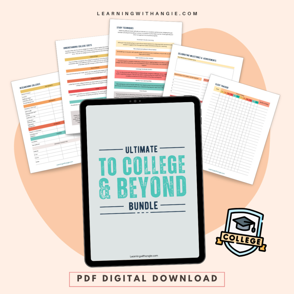 A digital tablet displays Ultimate To College & Beyond Bundle surrounded by organized college planning worksheets. Badge with a graduation cap and College ribbon. Text: PDF Digital Download..