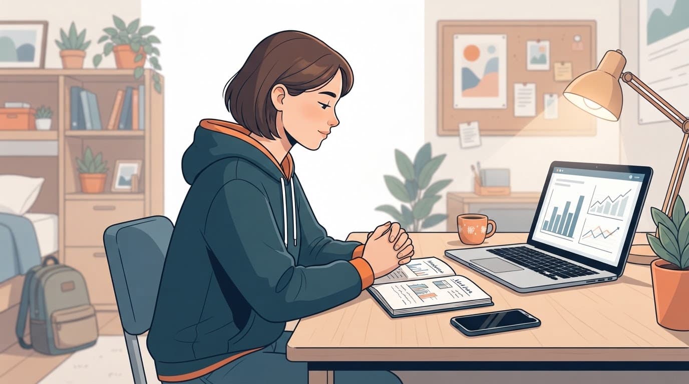 A college student reviews a budget at a dorm desk with a notebook, phone, laptop, and coffee.