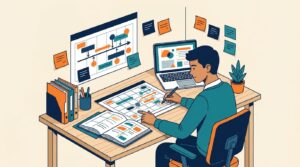 A student organizes college planning materials at a desk with a laptop and colorful notes.