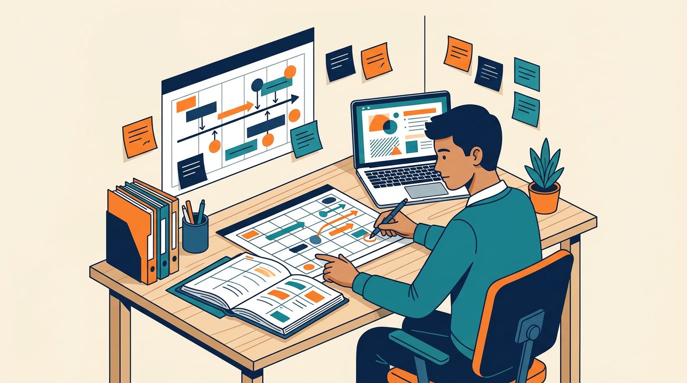 A student organizes college planning materials at a desk with a laptop and colorful notes.