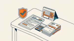 Desk with blank FAFSA forms, tax papers, a calculator, calendar, and shield symbol.
