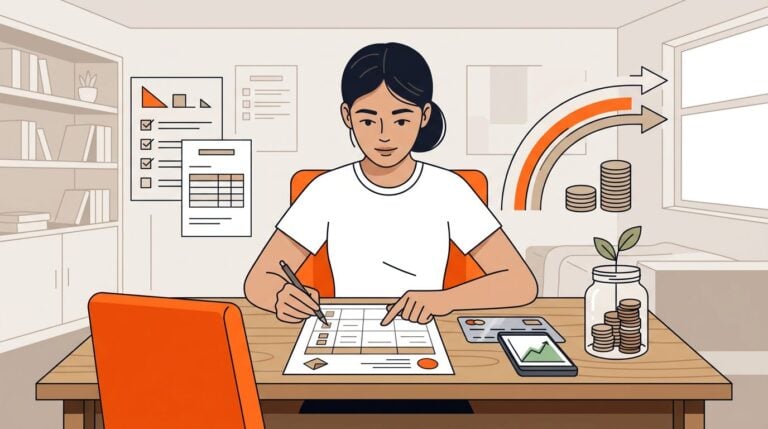 College student reviewing a budget with a credit card, phone, savings jar, and coins.