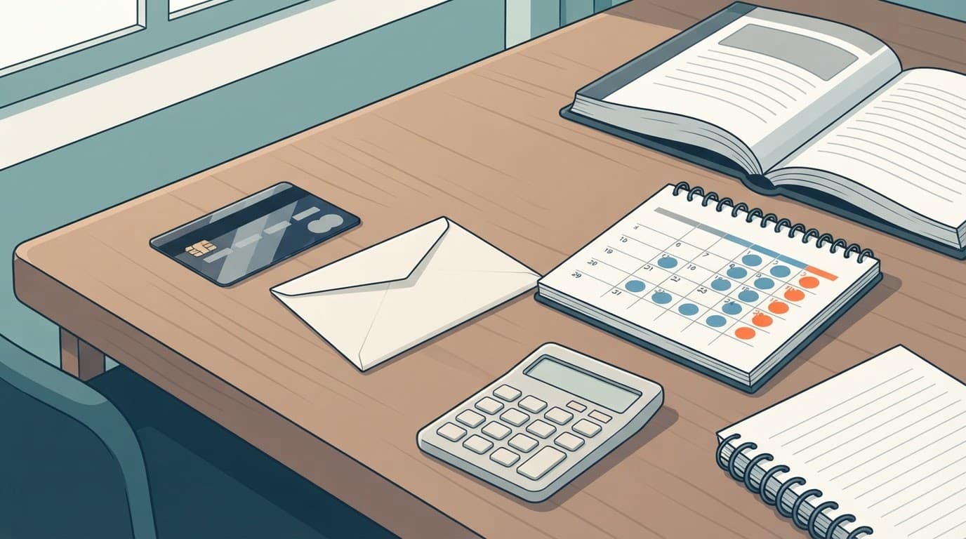 A secured card beside a savings envelope, blank calendar, textbook, calculator, and budget notebook.