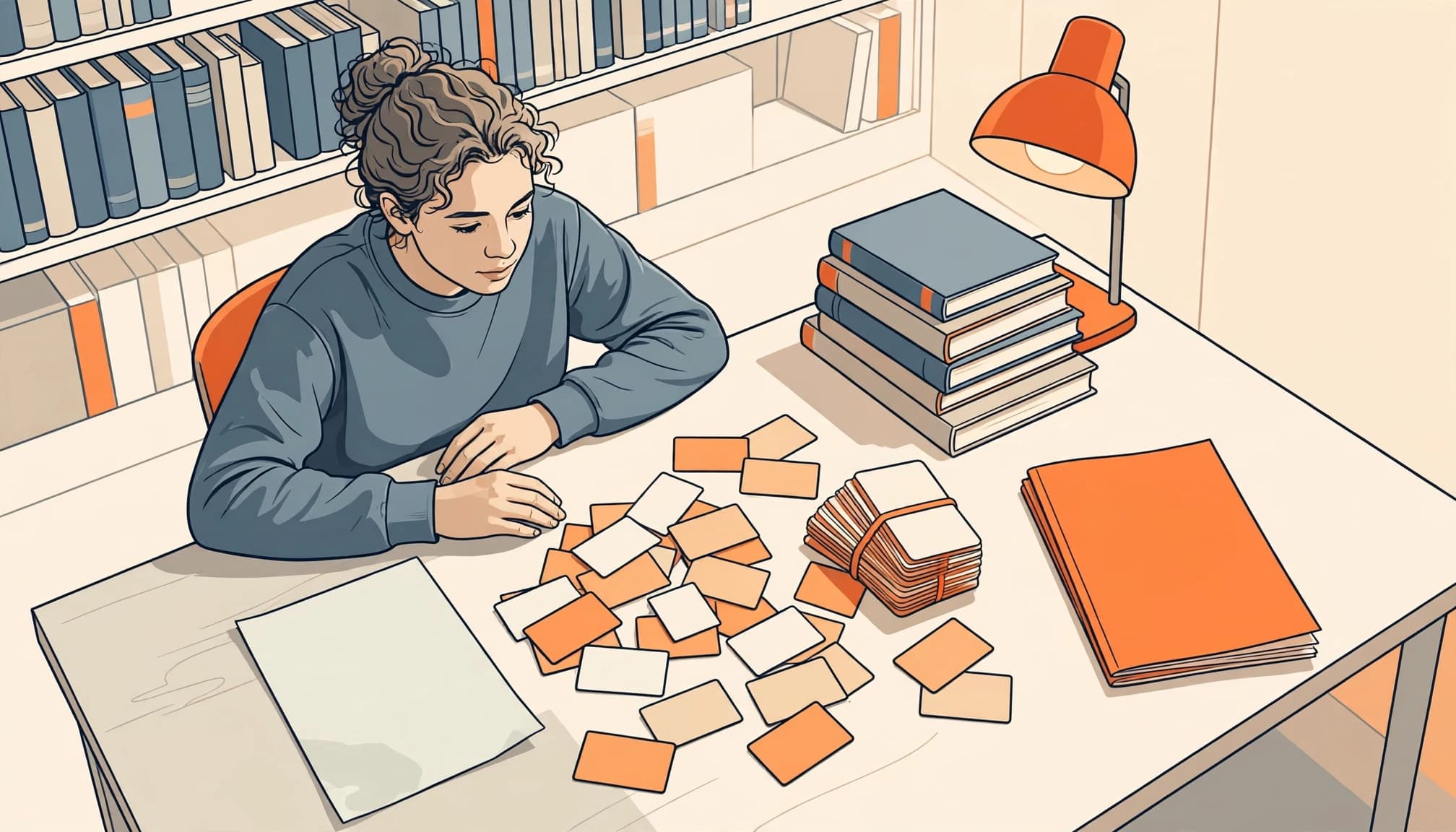 A student studies with flashcards, concept cards, and a practice booklet at a library desk.