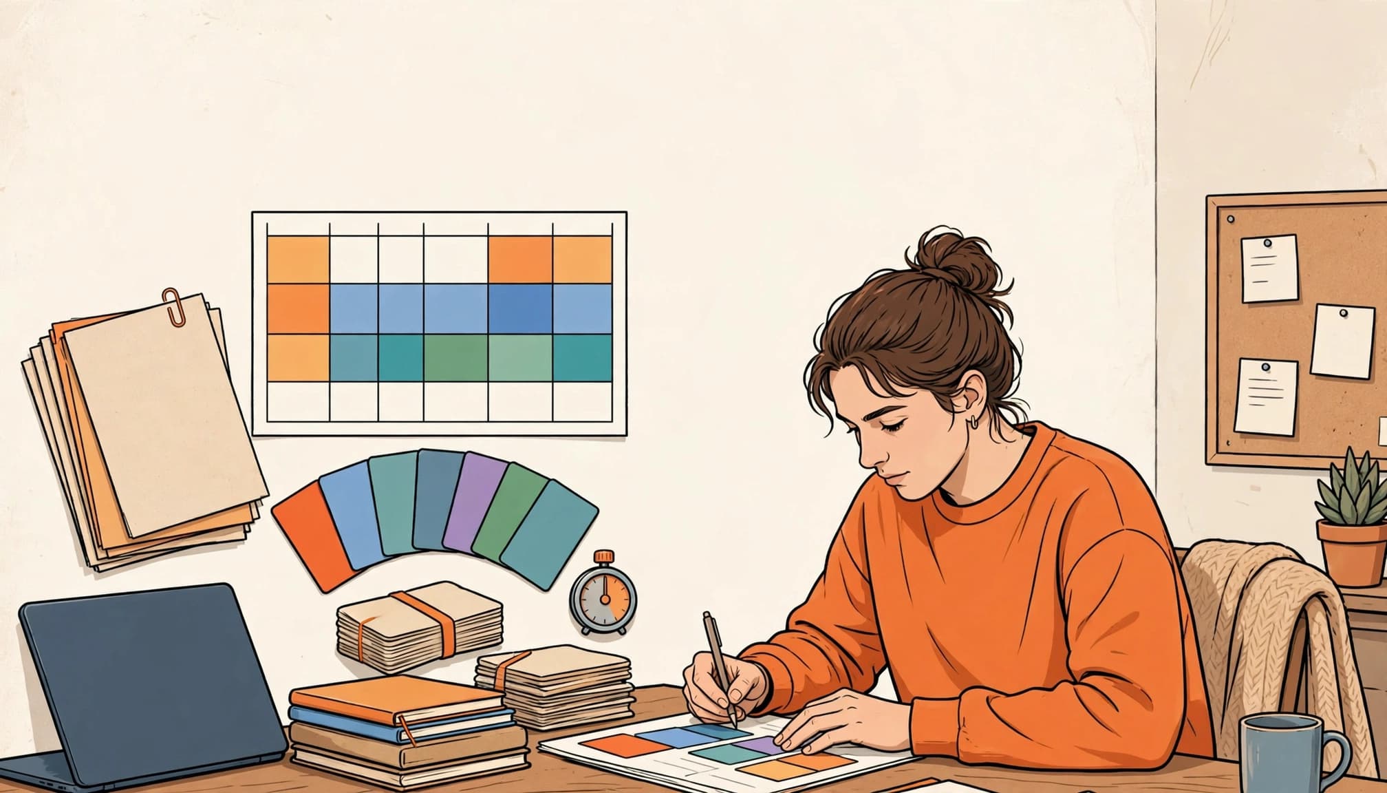 A student organizes an exam plan with a calendar, study cards, notebooks, and timer.