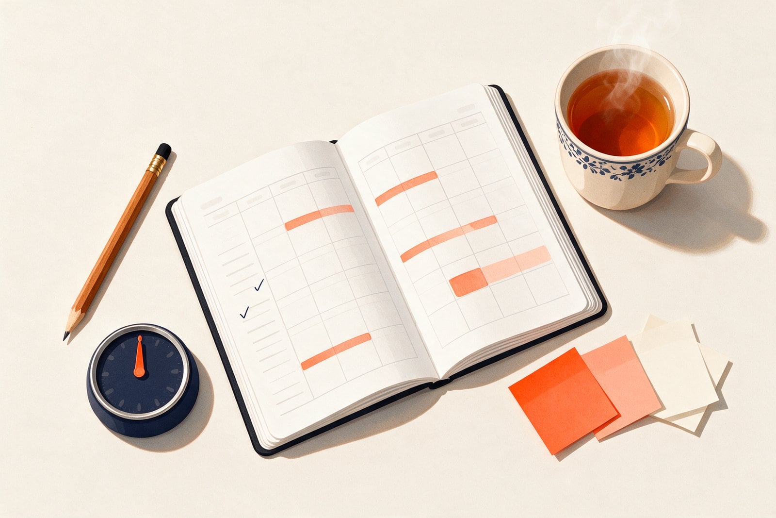 An open weekly planner with coral highlighted blocks spread across two pages, showing where each exam's study week falls and where two of them overlap, beside a pencil, a timer and a mug of tea