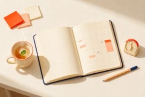 An open paper planner with a blank weekly grid, a few coral study blocks and navy check marks, next to a kitchen timer, a pencil, a mug of tea and three sticky notes: the one-page exam study plan template
