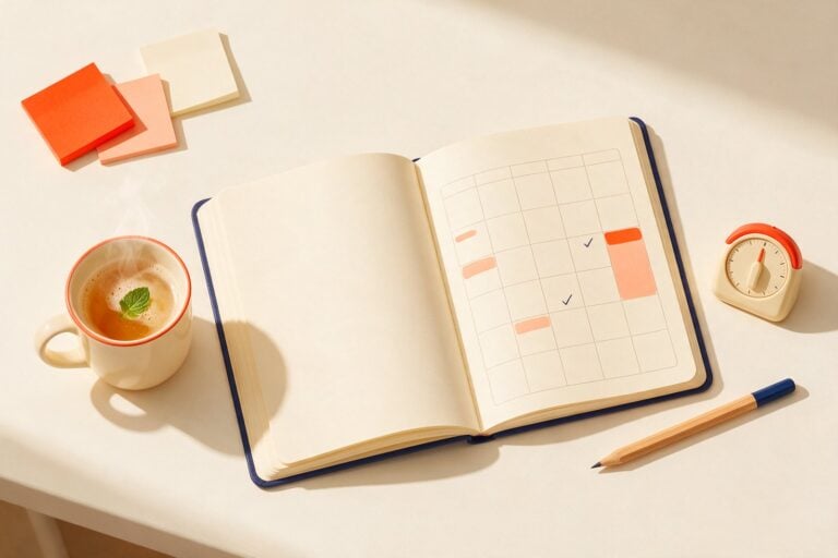 An open paper planner with a blank weekly grid, a few coral study blocks and navy check marks, next to a kitchen timer, a pencil, a mug of tea and three sticky notes: the one-page exam study plan template