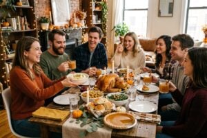Friends sharing a Friendsgiving dinner with turkey, mashed potatoes, stuffing, green beans, rolls and pumpkin pie in a small apartment