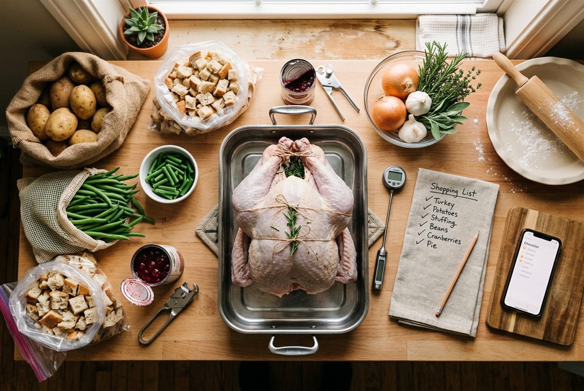 Friendsgiving prep on a kitchen counter: turkey in a roasting pan, potatoes, green beans, stuffing cubes, cranberry sauce, a meat thermometer and a shopping list