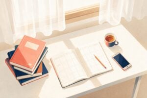Student desk seen from above with four stacked textbooks, an open weekly planner, a pencil, a mug of tea and a phone face down, ready to plan a week with four midterms