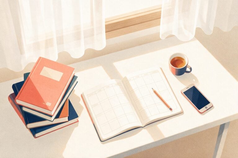 Student desk seen from above with four stacked textbooks, an open weekly planner, a pencil, a mug of tea and a phone face down, ready to plan a week with four midterms