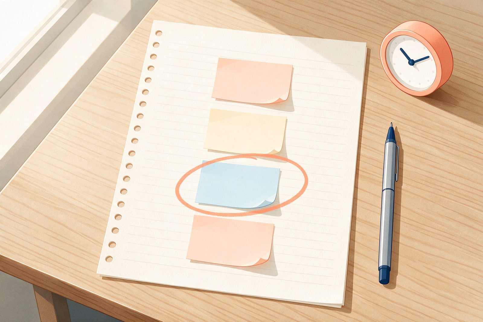 A notebook page with four blank sticky notes in a column, one circled in coral marker, beside a pen and a small desk clock: the one-page midterm triage