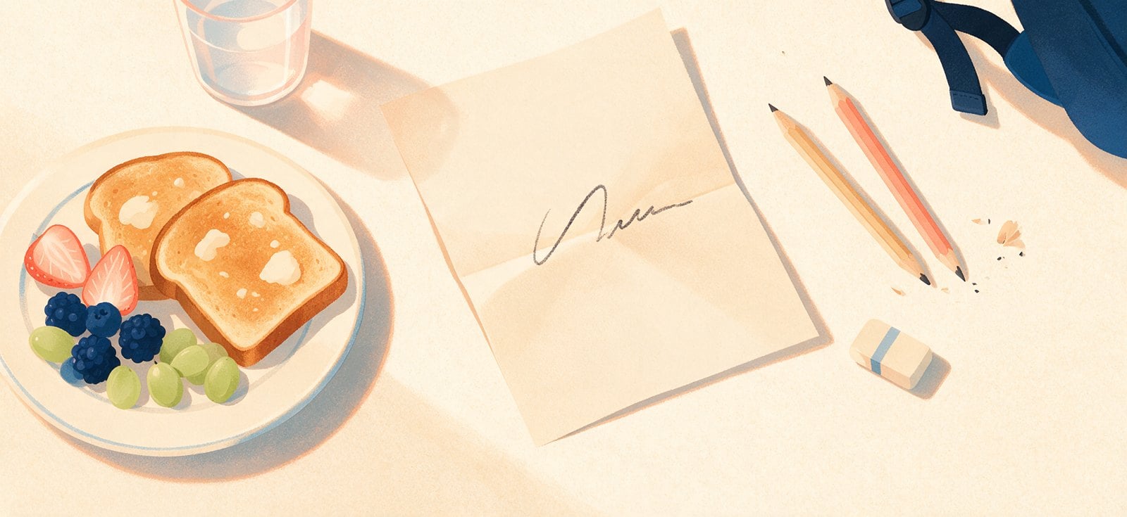 Morning of the exam flat lay with toast and fruit, a glass of water, one folded review sheet, two pencils and an eraser