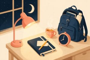 Illustrated study desk the night before the exam with a lamp, closed notebook, index card, tea, alarm clock and a packed backpack