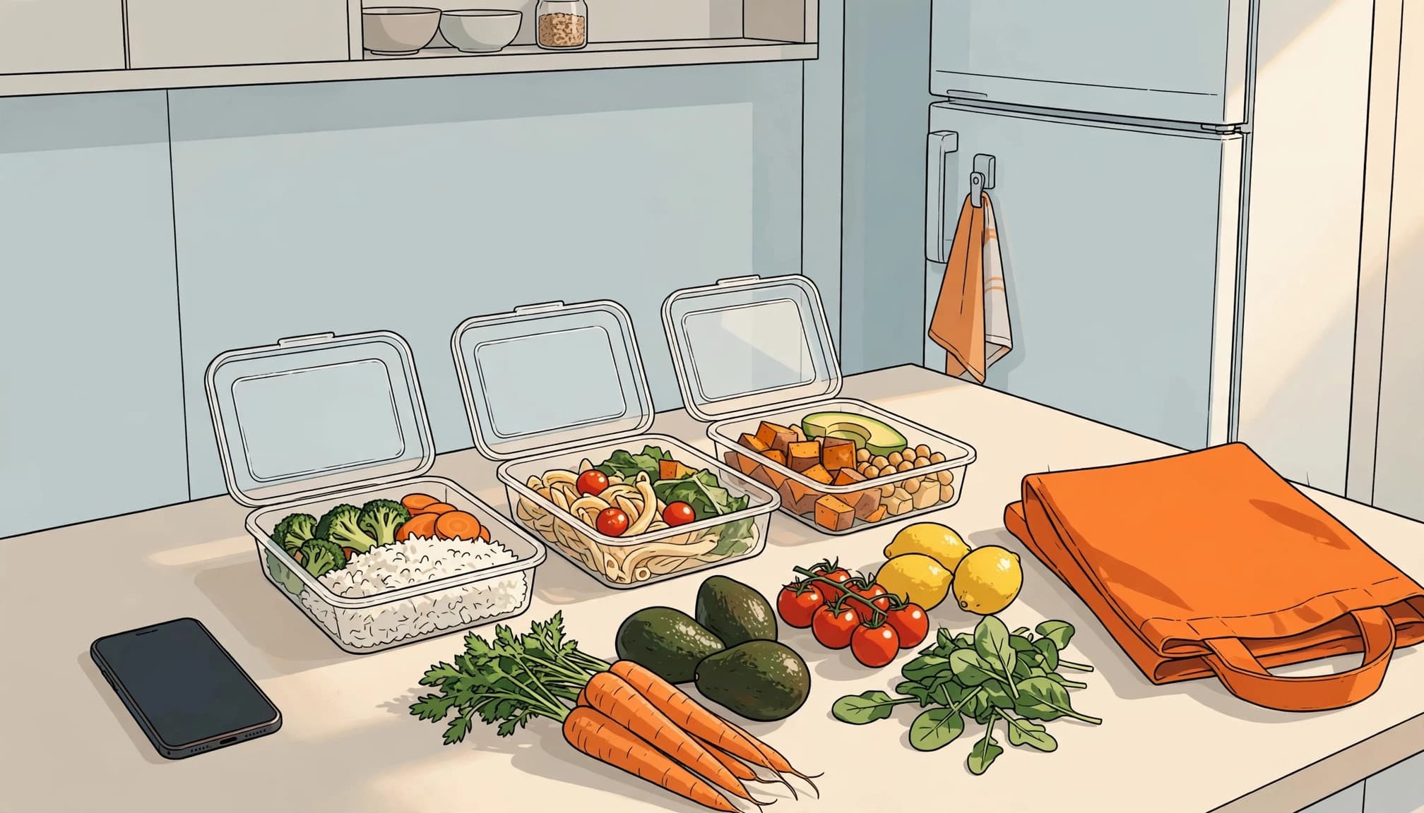 Three meal containers and groceries sit beside a folded tote and face-down phone.