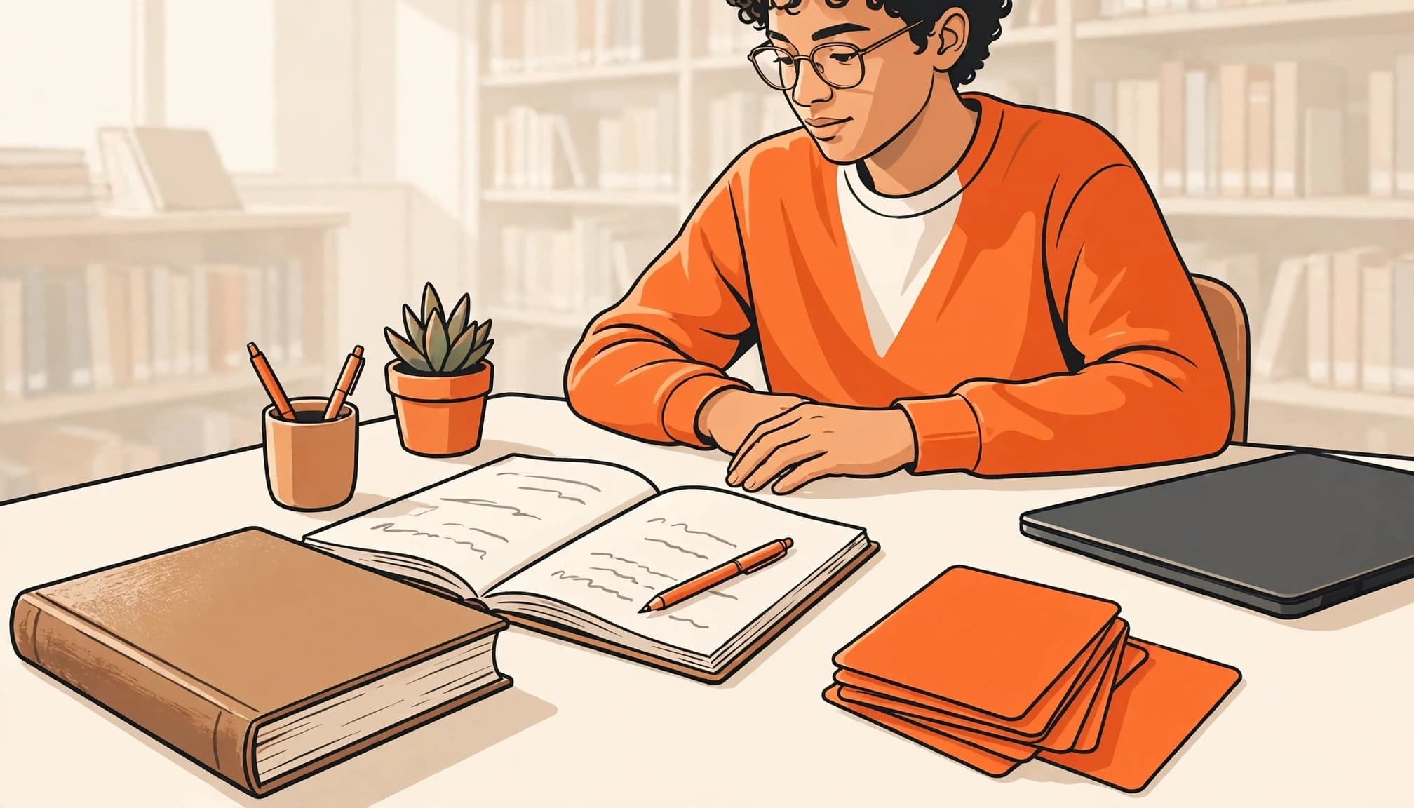 A student organizes a book, notebook, and concept cards at a tidy desk.
