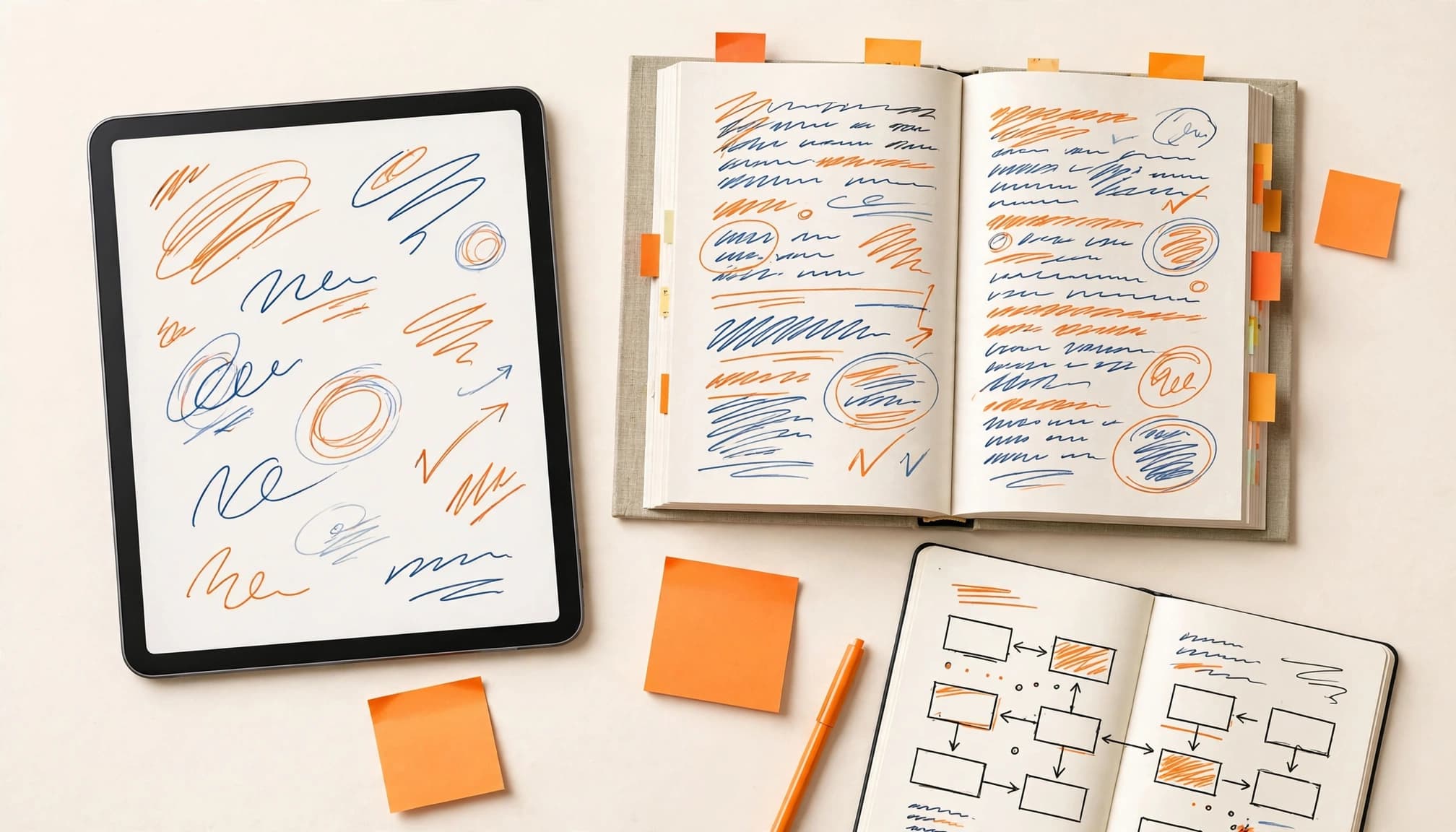 Tablet and textbook beside an open notebook with sticky notes and a pen.