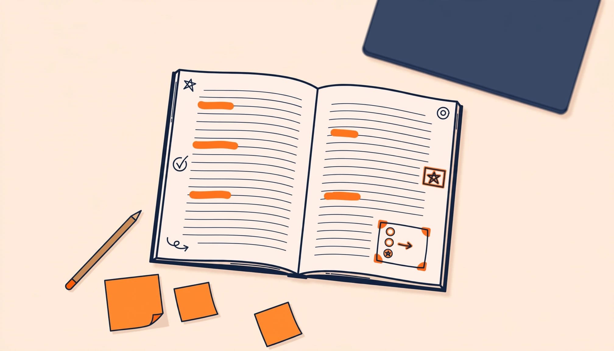 Open textbook with selective highlights, notes, a pencil, sticky notes, and a laptop nearby.