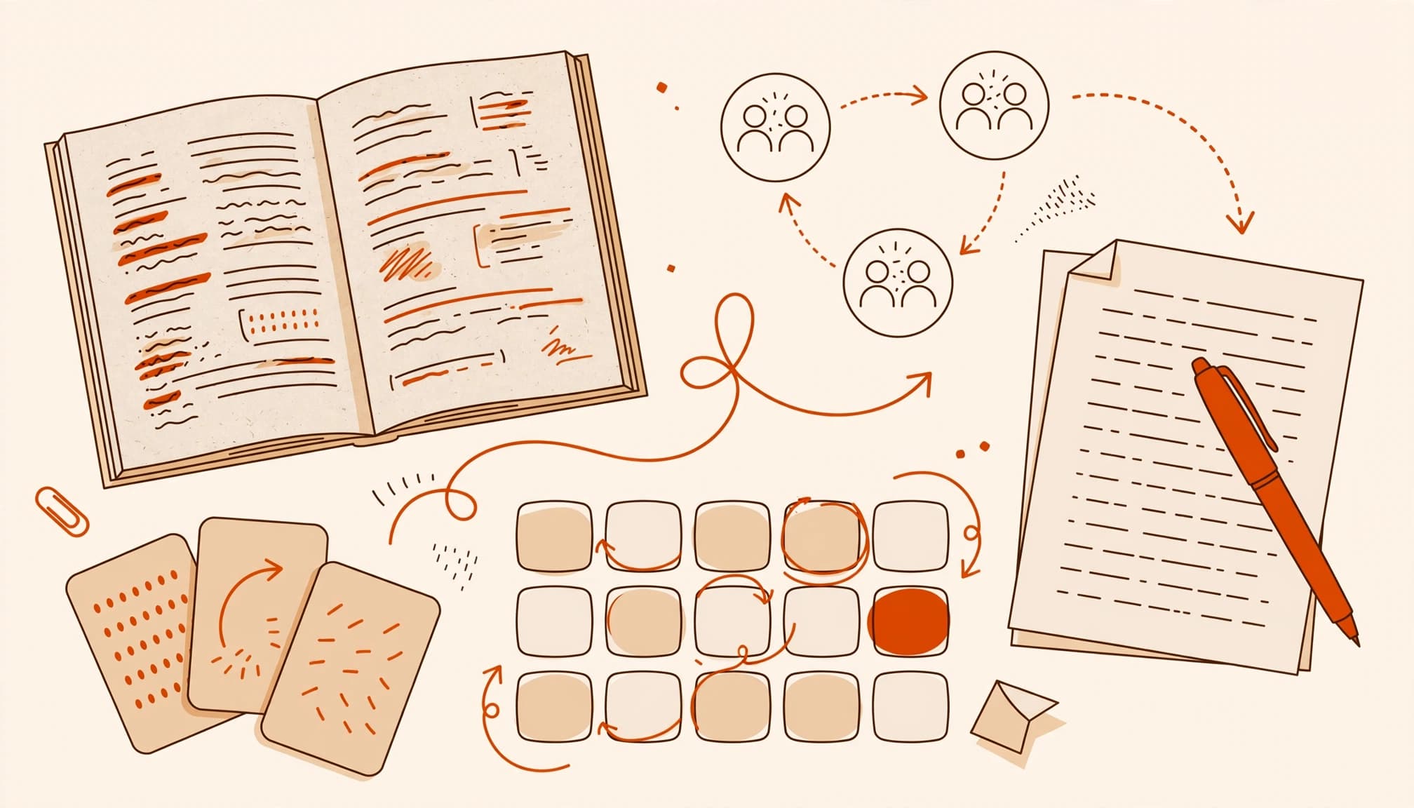 An open book, notes, flashcards, calendar shapes, and pen arranged on a study desk.